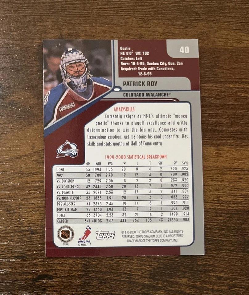 2000-01 Topps Stadium Club #40 Patrick Roy Colorado Avalanche HOF - Image 2 of 2