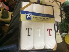 Paris Accessories Men's Monogrammed T Cotton Fine Handkerchiefs pack of 3 NEW