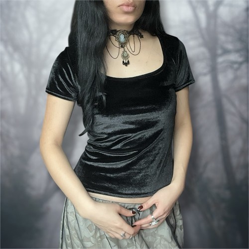 ๐๐ฅ Vintage 90s Jalate Whimsygoth black velvet stretchy top Medium - Picture 3 of 7