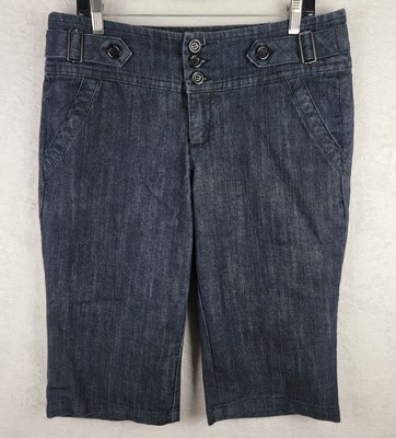 Boom Boom 16 Capri Denim Stretch Dark Wash 3 Button Buckle Decor Jeans Casual 