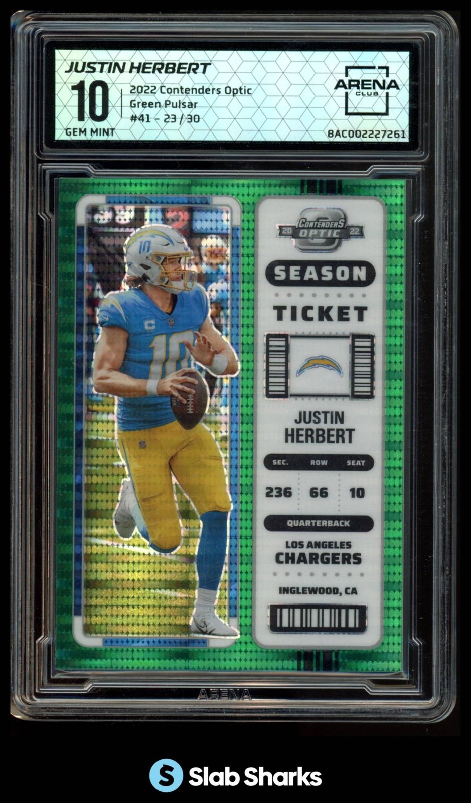 2022 PANINI CONTENDERS OPTIC #41 JUSTIN HERBERT GREEN PULSAR SEASON TICKET /30