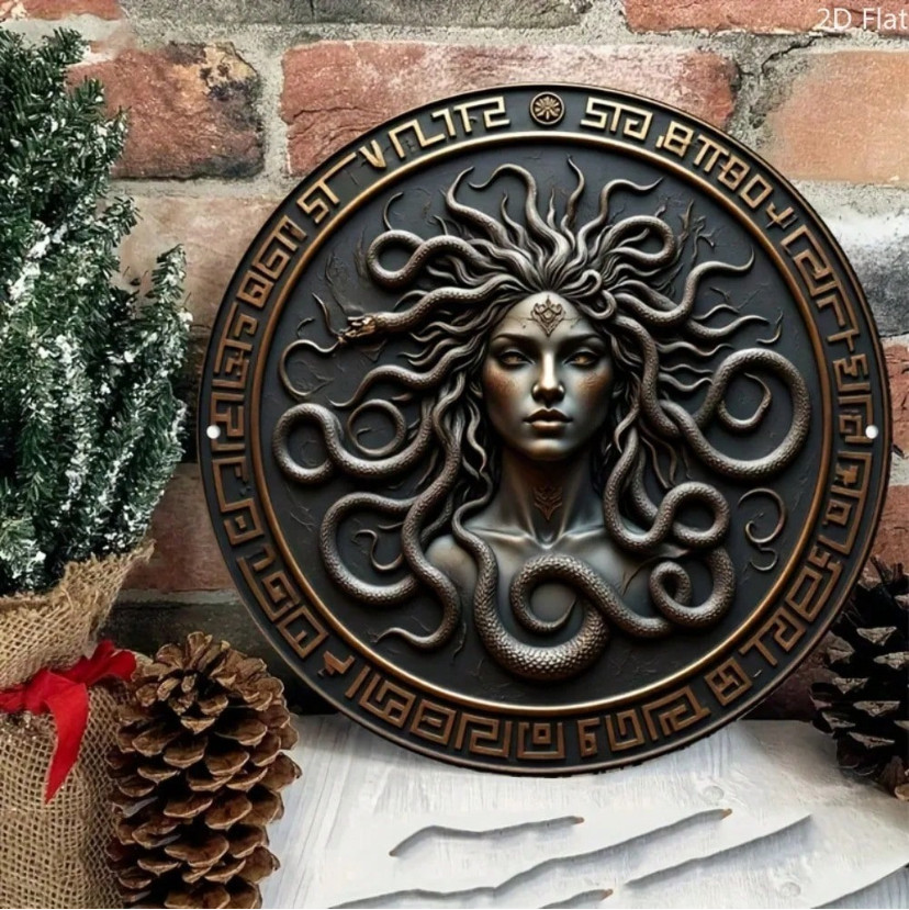 Vintage Medusa Bronze Relief Sculpture - 8x8 Inch Aluminum Wall Art, Black & Gol