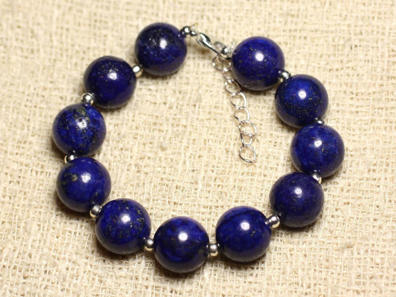 Bracelet en argent 925 et lapis lazuli véritable avec boules de 12mm pour homme et femme