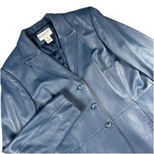 VTG Y2K PENDLETON Navy Blue Leather Blazer 3 Button Jacket Women PS