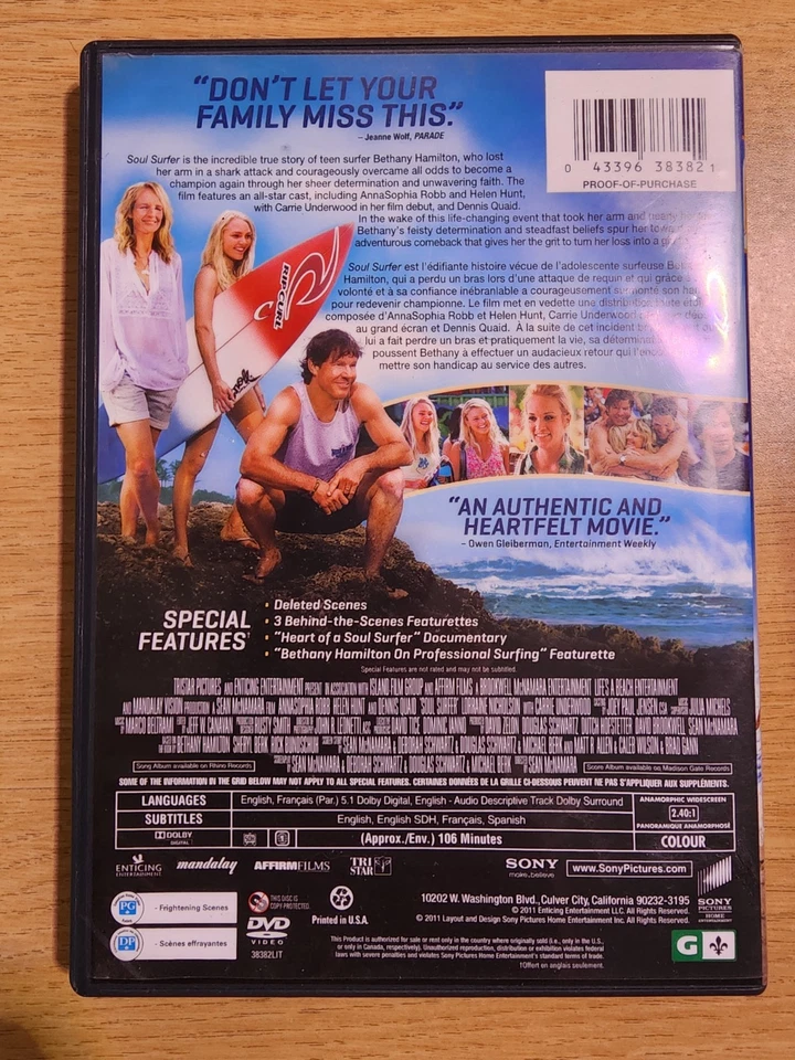 Soul Surfer (DVD, 2011, Widescreen, Bilingual) AnnaSophia Robb, Helen Hunt - Image 2 of 2
