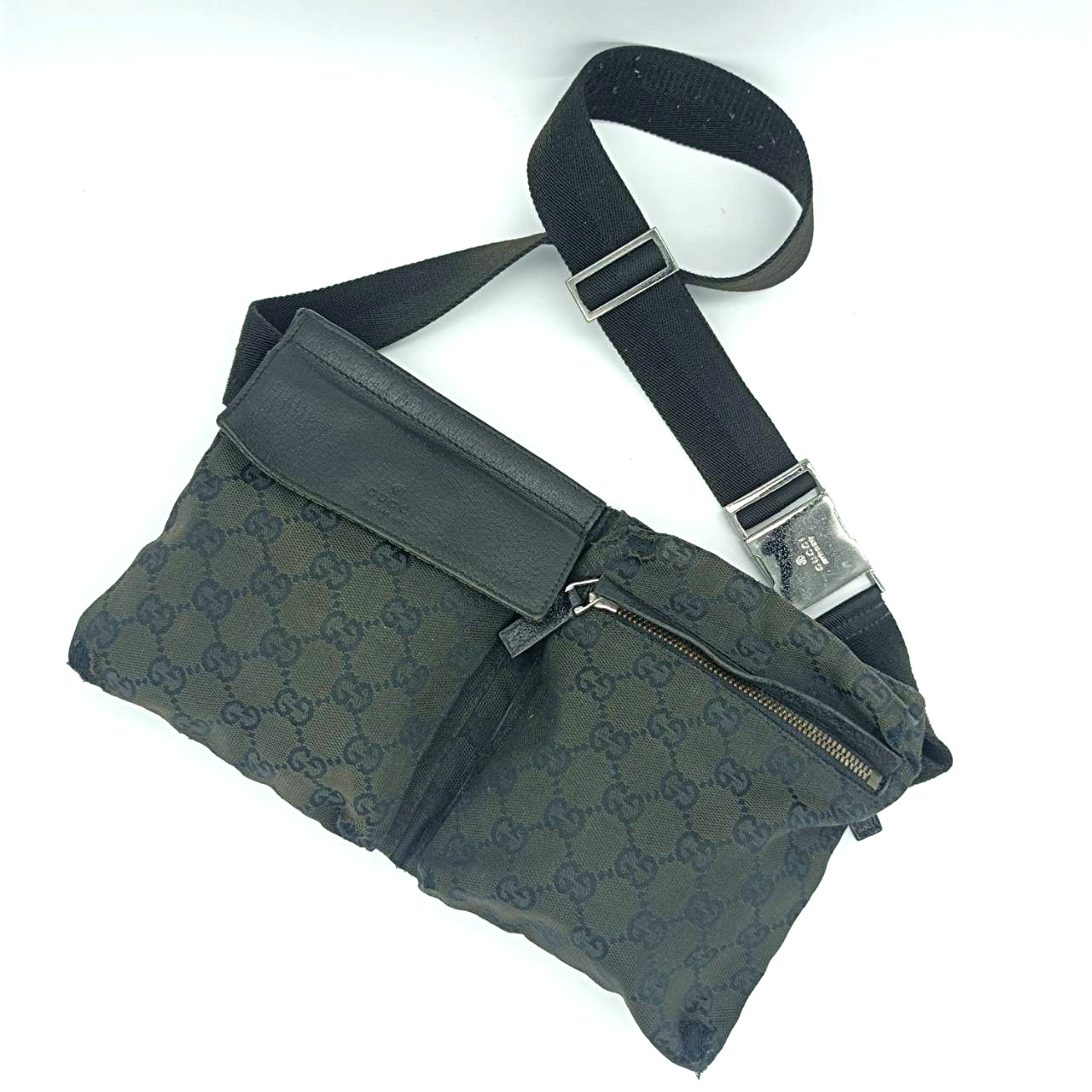 GUCCI Waist Body Bag GG Canvas Purse Black 002058/428566
