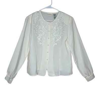 Jaclyn Smith NWT Size 16 Cream Embroidered Floral Button Down Long Sleeve Top