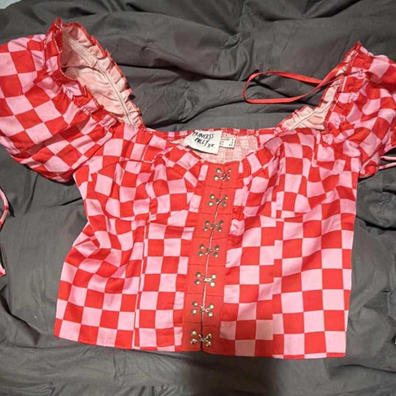 Honest Family Red Checkered Dirndl Bodice Top w/ Front Hook Closures Size S