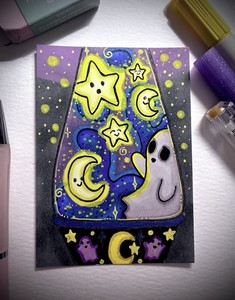 ACEO OOAK Original Hand Drawn Halloween Ghost Stars And Moons Glitter Lava Lamp