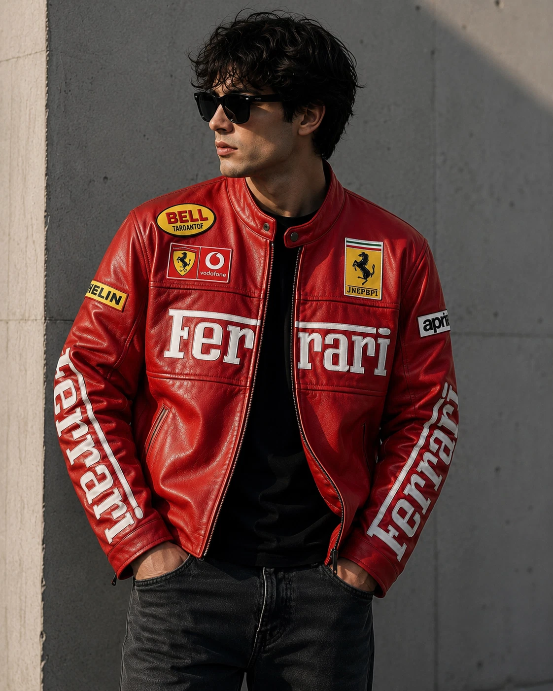 Men's Black & Red Ferrari Embroidered Vintage F1 Racing Leather Motorbike Jacket image 3