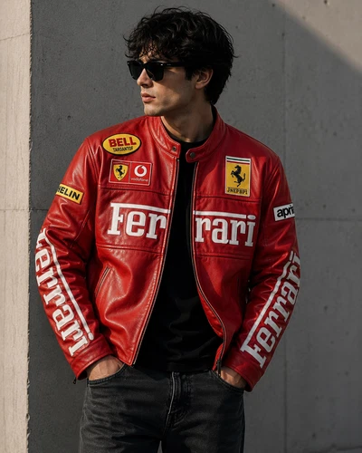 Men's Black & Red Ferrari Embroidered Vintage F1 Racing Leather Motorbike Jacket image 3