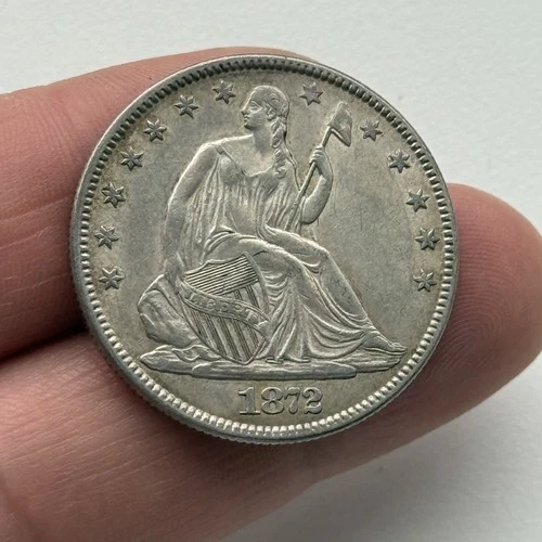 1872 Seated Liberty Half Dollar … early American USA 90% silver 12.5g coin, EF!