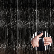 Black Streamers Tinsel Backdrop Curtain 3Pcs 8.2Ft Foil Fringe Curtain for Black