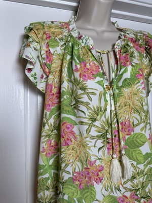 Rose & Olive Bright Tropical Floral Ruffle Cap Sleeve Women s Top Cute Blouse S