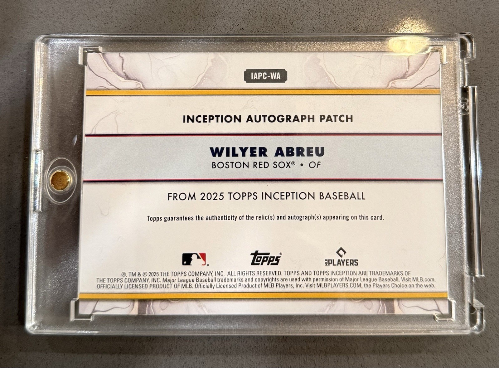 Topps 2025 Inception Wilyer Abreu Red Sox Auto Patch Red /99 #IAPC-WA view 2