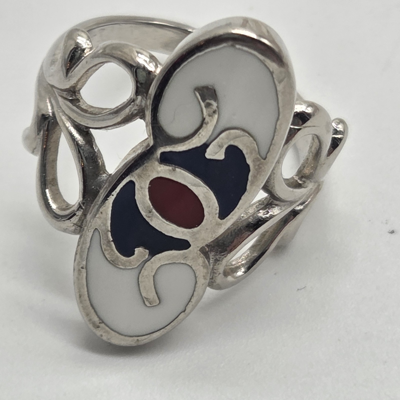 silver tone southwestern enameled inlaid red white blue ring size 5 scroll boho