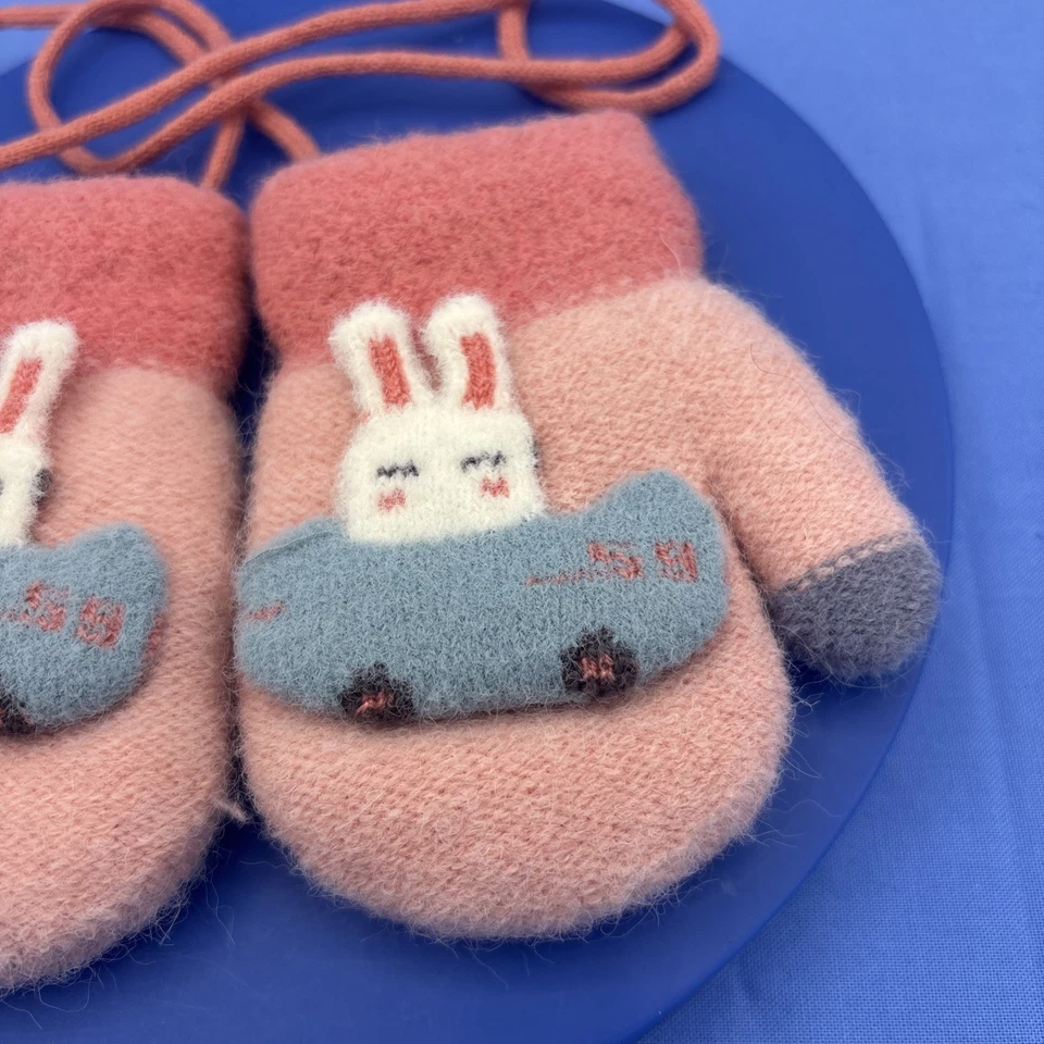 Heavy Wool Fleece Lined Baby Mittens Gloves Pink Bunny Blue Car String - Image 3 of 4
