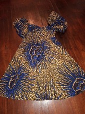 African Custom Design Dress Blue Sun burst Off Shoulder Sleeves