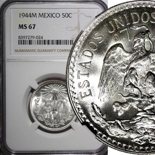 Mexico ESTADOS UNIDOS Silver 1944 M 50 Centavos NGC MS67 GEM BU KM# 447 (024)