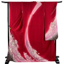 JAPANESE KIMONO FURISODE RED 173cm 5 ft 8 in PURE SILK B2791