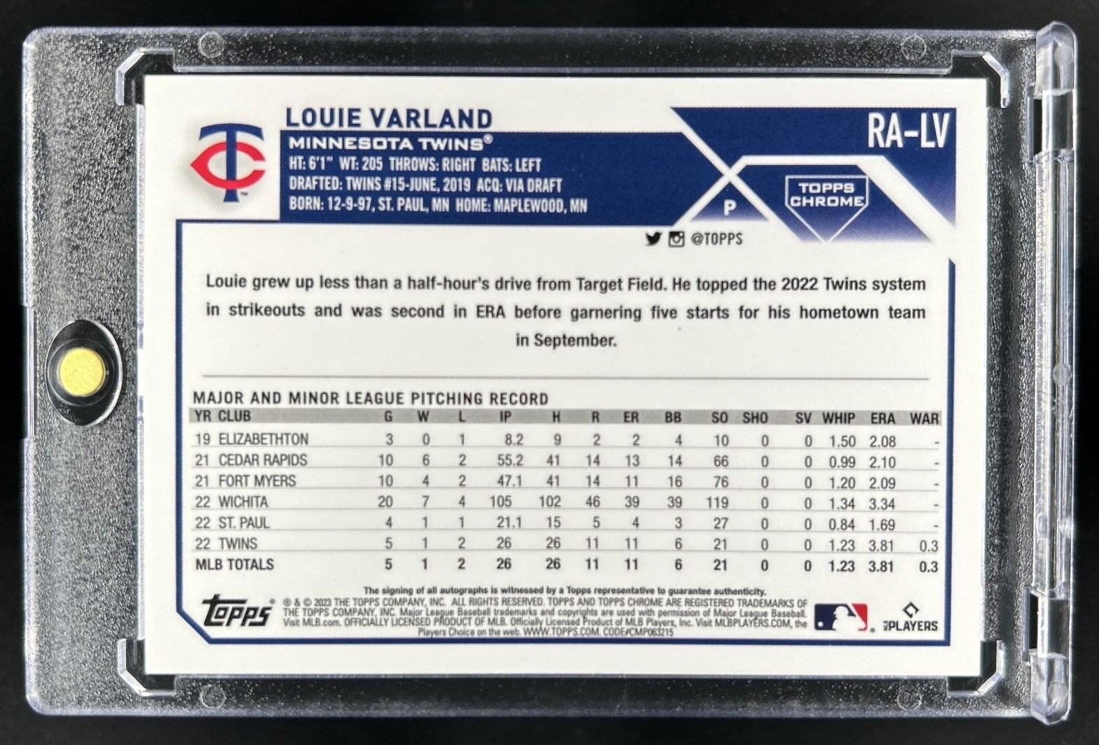 2023 Topps Chrome Louie Varland Rookie Auto RC Gold Wave Refractor #/50 Twins view 2