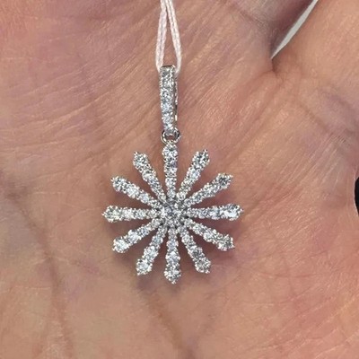 1.40Ct Round Real Moissanite Snowflake Pendant 14K White Gold Plated Free Chain