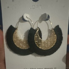 LOFT Black Gold Crescent Fringe Hoop Drop Ear...