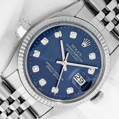 MENS ROLEX DATEJUST BLUE DIAMOND DIAL 18K WHITE GOLD AND STAINLESS STEEL WATCH