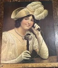 Antique Victorian Flapper Woman Lithograph On The Phone Girl Lady 20”x16” VTG