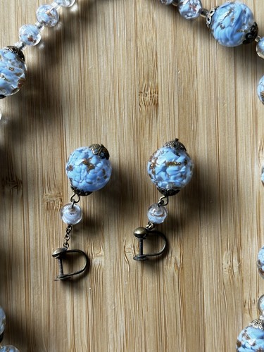 Vintage Sommerso VENETIAN Murano Glass Necklace & Earrings Set Baby Blue Copper - Picture 3 of 4