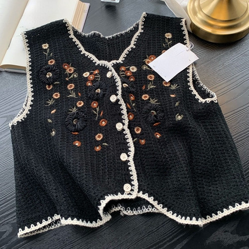 Damen Häkel Blumen Strick Weste Tank Top Ethno bestickt Strickweste Weste - Bild 3 von 19