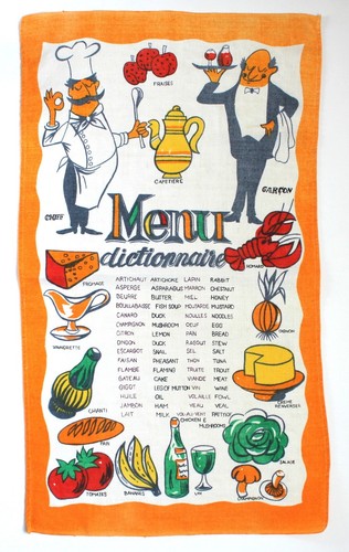 Vintage Mid Century Leinen Geschirrtuch Französisch Koch Garcon Menü Wörterbuch Essen - Bild 2 von 5