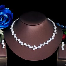 Round Cubic Zirconia Necklace Earrings Silver Plated Women Wedding Jewelry Set