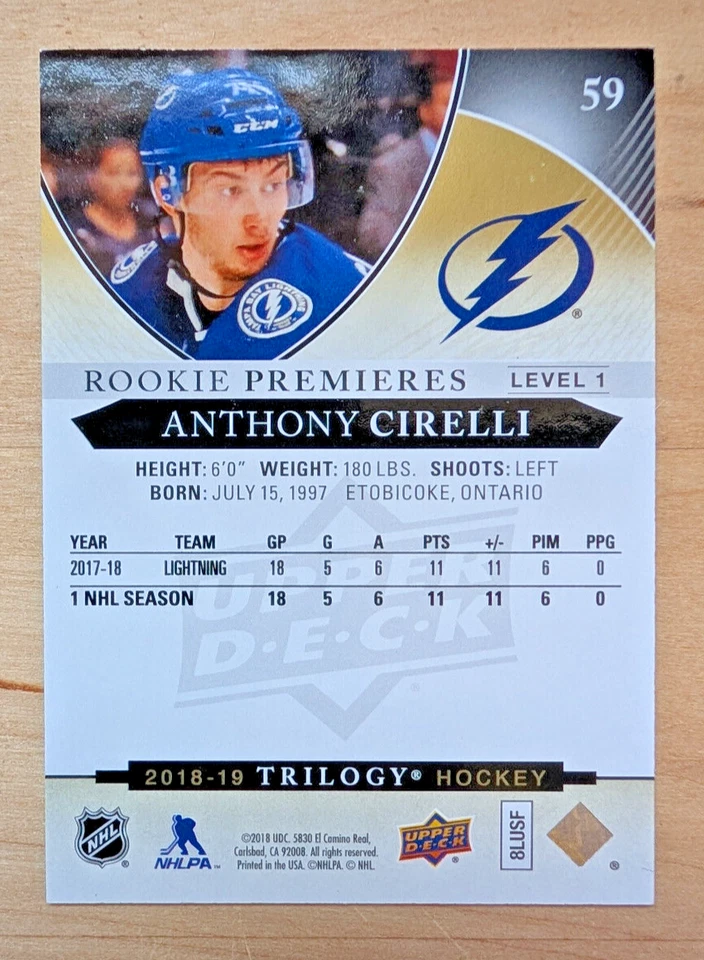 2018-19 Upper Deck Trilogy Rookie Premieres,  Anthony Cirelli /999, NM - Image 2 of 2