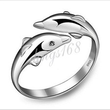 925 Sterling Silver TARNISH-FREE Double Dolphin 8mm OPEN Ring Size 7 8 9 H744