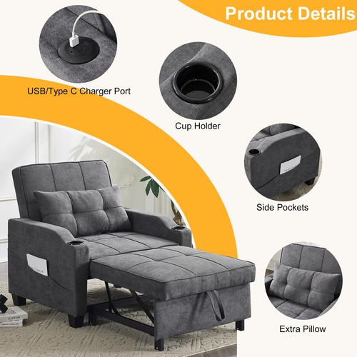 3 Colors Adjustable Sofa Bed 3-in-1 Chair Sleeper Bed Type C & USB Port - Picture 9 of 28
