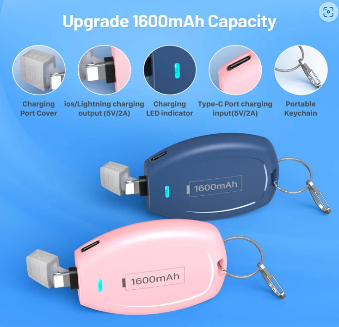 Mini llavero banco de energía de carga rápida de 2 piezas 1600 mAh para Apple iPhone Foto 4 de 4