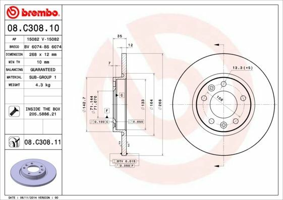 2X Brembo 08.C308.11 Bremsscheibe Hinten FüR CitroËN Opel Peugeot-image