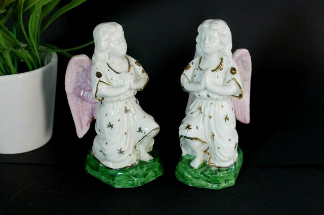 PAIR antique porcelain angel religious praying figurine statue PAIR antique porcelain angel religious praying figurine statue