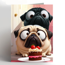 pug birthday card greeting card funny dog pet for him her handmade 2 pugs cake
