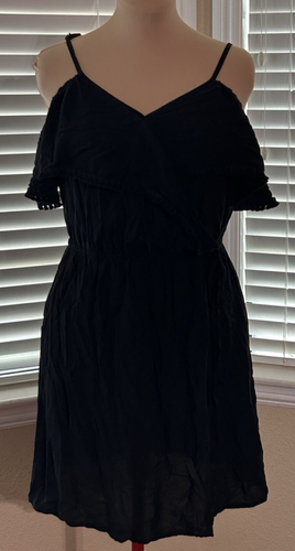 XHILARATION Off Shoulder Wrap Dress Black Boho Fringe Mini Large Rayon New - 第 1/18 張圖片