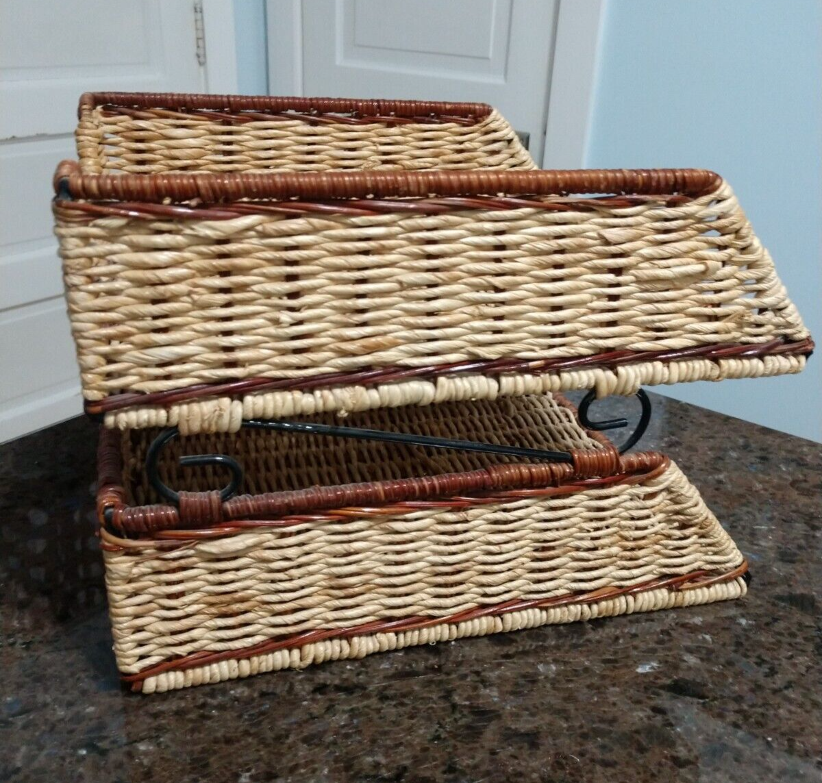 Wicker Rattan 2-Tier Desk File Paper Tray Office Desktop Organizer Boho Coastal-image