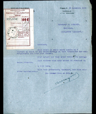 AVIGNON (84) DISTILLERY ''PERNOD Father & Son'' letter + receipt POST in 1921