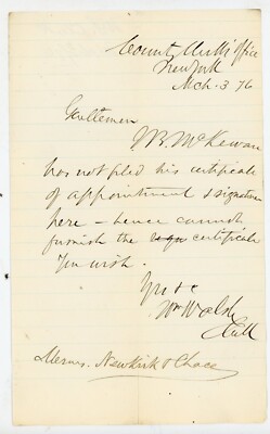 1876 Letter County Clerk Office NY  McKewan Appointment Certificate Handwritten