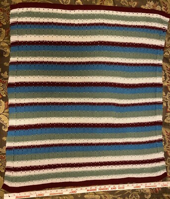 Hand made Crocheted Afghan lap blanket 34 x 36 brown white blue green