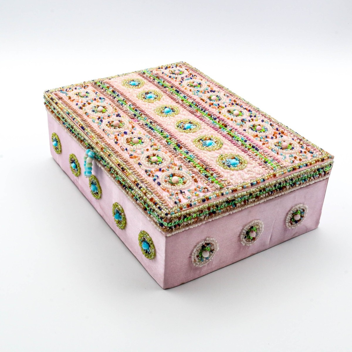 Pink Beaded Jewelry Box with Mirror Green Blue Pink Sequins Pink Beaded Jewelry Box with Mirror Green Blue Pink Sequins