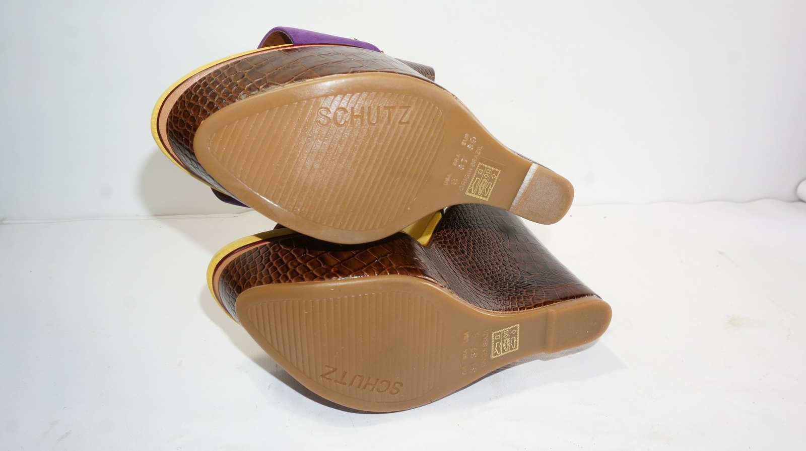 Schutz Sz 8M Purple Yellow Brown croc Print Print Print leather 6 Platform Wedge shoes women d03270 Schutz Sz 8M Purple Yellow Brown croc Print Print Print leather 6 Platform Wedge shoes women d03270