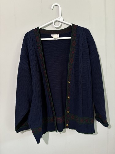 Vtg Navy Blue Western Women's 1980s Cable Knit Rose Cardigan Sweater Sz XL 22 - Picture 2 of 5
