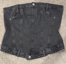 Zara Denim Corset Top Black Boned Button Zip Women's Size L 4806/352/800