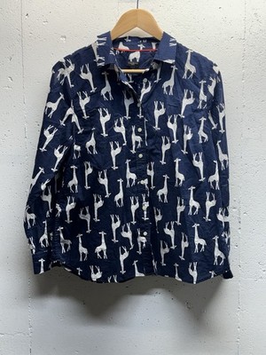 Talbots Petites Navy Blue White Giraffe Print Linen Blend Button Down Shirt L